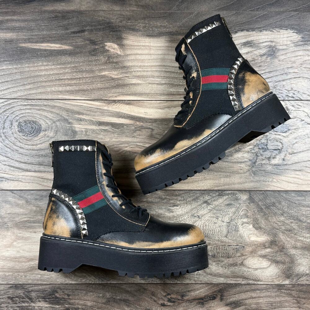 NIB Steve Madden 8.5M Burner Leather Studded Mixed Media Lug Sole Combat Boots - Picture 5 of 11